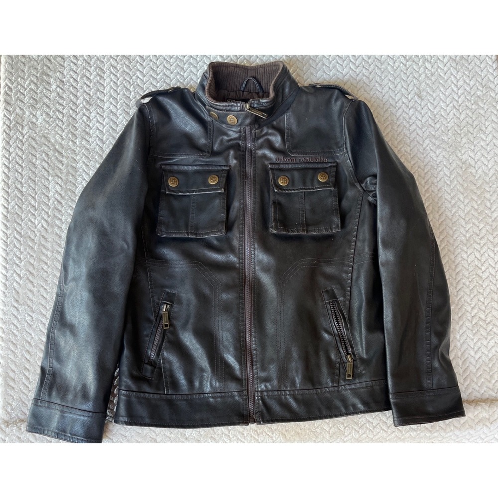 Urban Republic Boys Faux Leather Moto Jacket Brown XL 18/20 Full Zip Coat